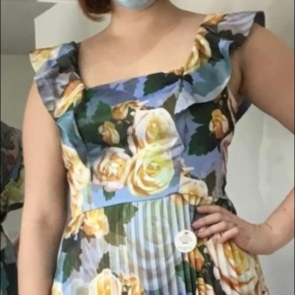 Blue Floral Satin Pleated Dress - Picture 3 of 3